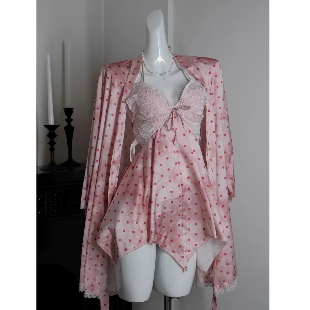 【奶欲蝴蝶】法式性感波点吊带睡裙女带胸垫蝴蝶设计感露背显瘦睡衣