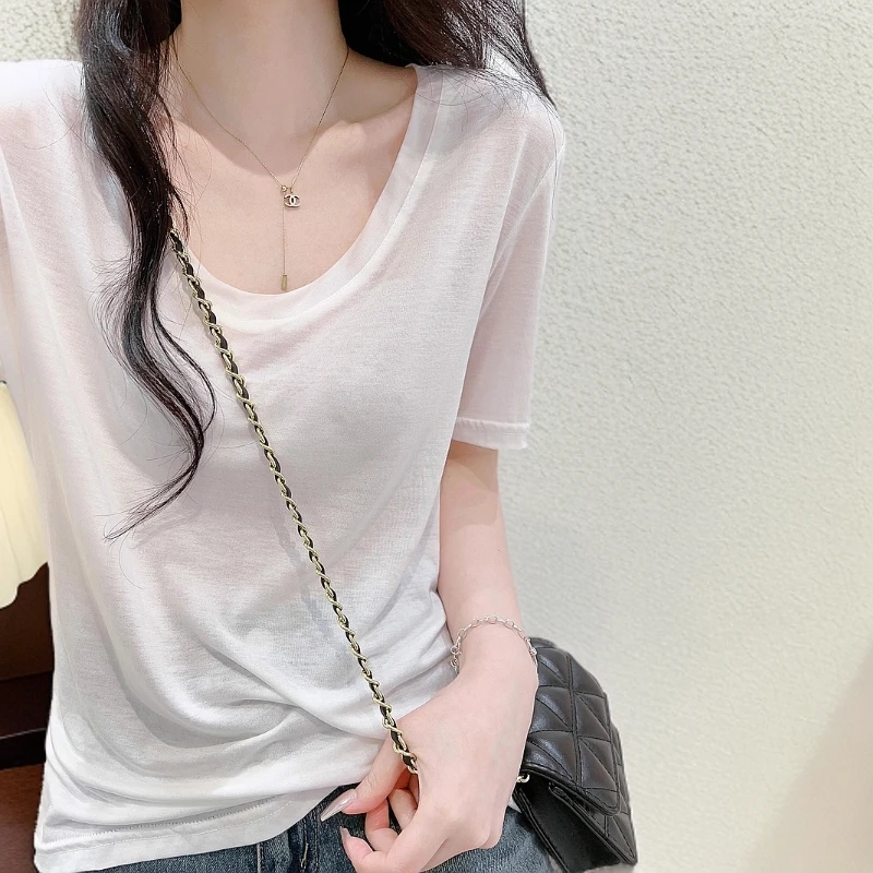 低圆领轻薄天丝短袖面膜T恤女2025夏季新款休闲百搭垂感上衣韩系