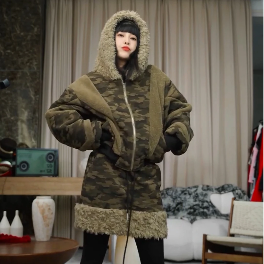 infobyfive2025秋冬新款毛绒绒加厚迷彩保暖连帽棉服壹NF0510220