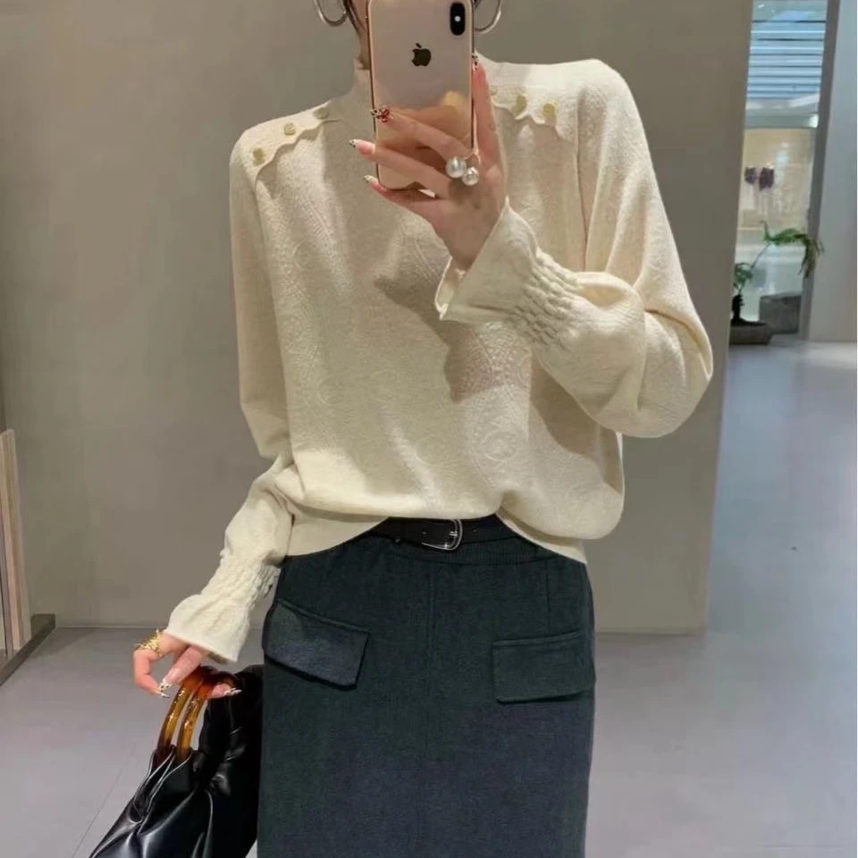 品牌清仓捡漏专柜撤回高领蕾丝针织羊毛打底衫女秋冬别致洋气上衣
