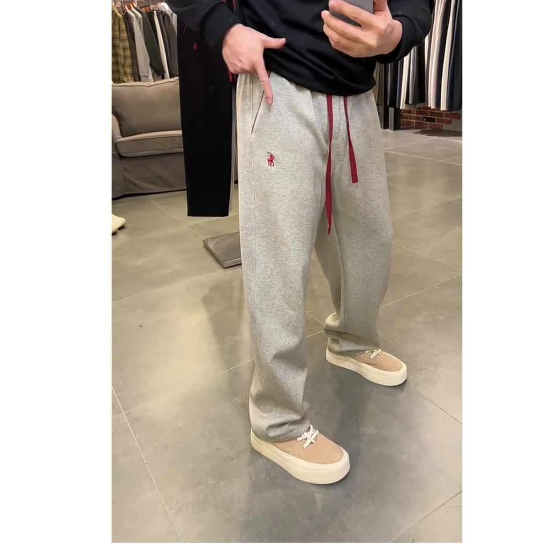 秋冬新款刺绣战马加绒弯刀休闲裤男简约时尚百搭加厚直筒运动卫裤