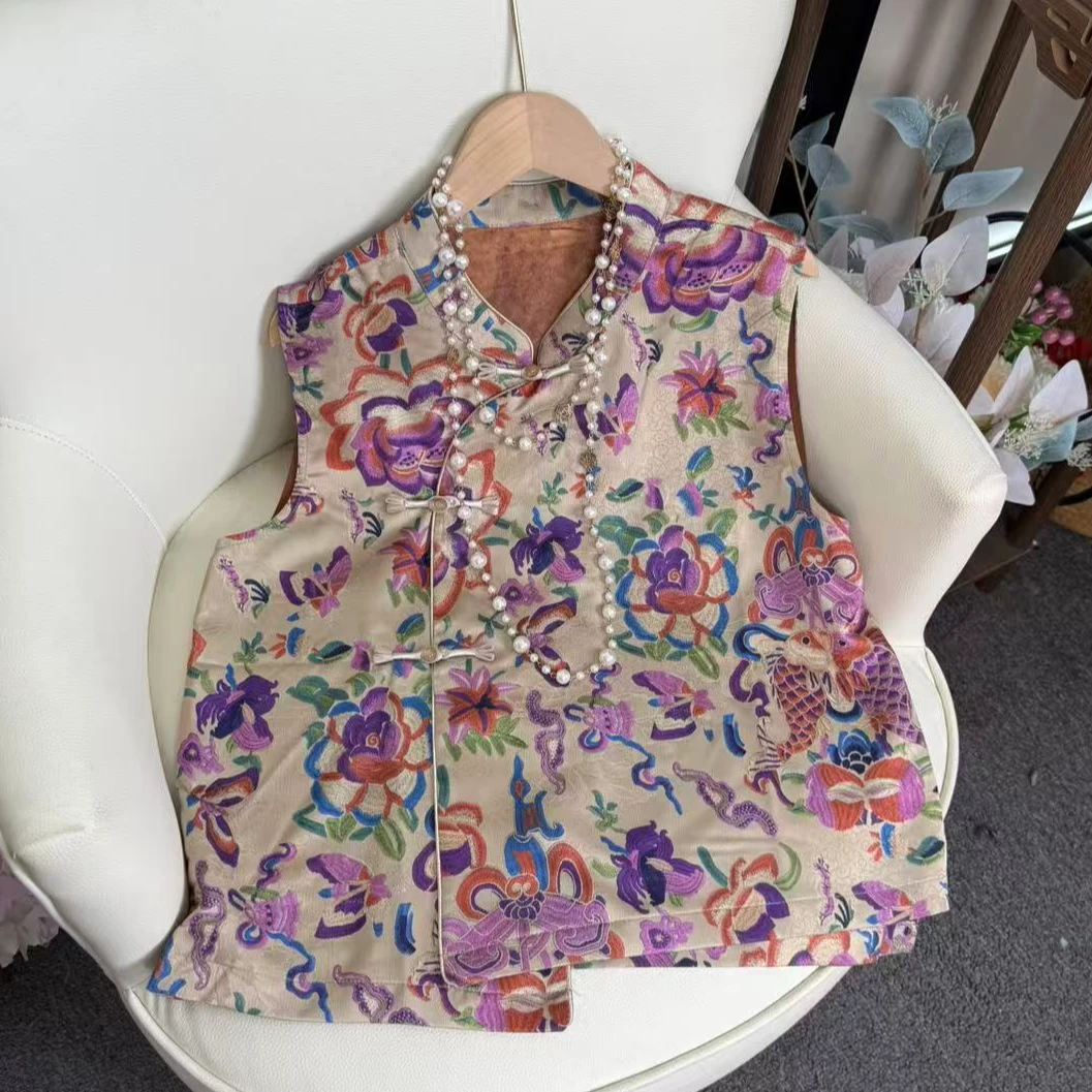 新中式国风2025夏新款时尚国风锦鲤提花立领丝缎马夹女气质上衣