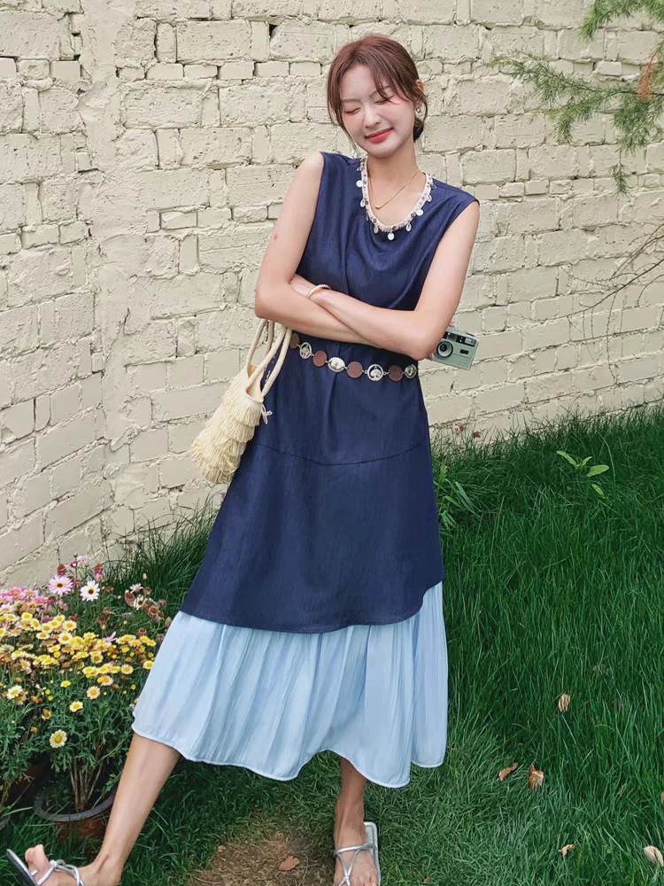 C803款拼接连衣裙贝壳领波西米亚无袖长裙