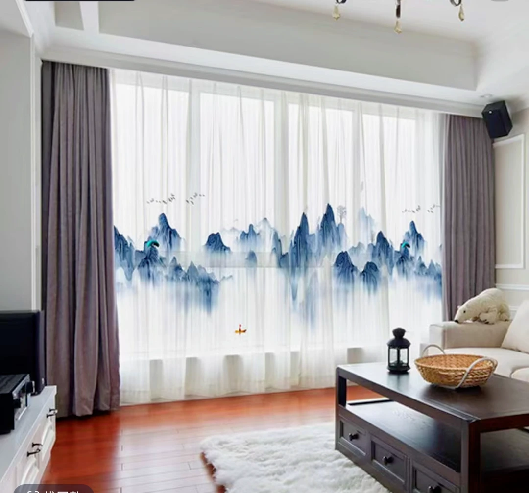 透光不透人的皇冠3D山水数码印花白色成品窗帘窗纱帘