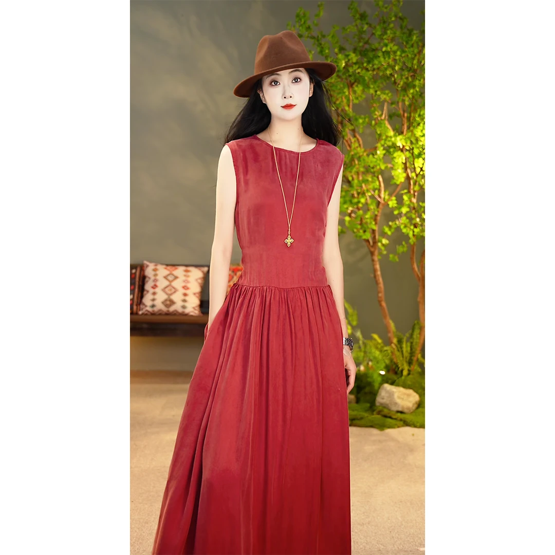 【陶子】~新款高级连衣裙女夏季圆领无袖外穿铜氨丝长裙5032