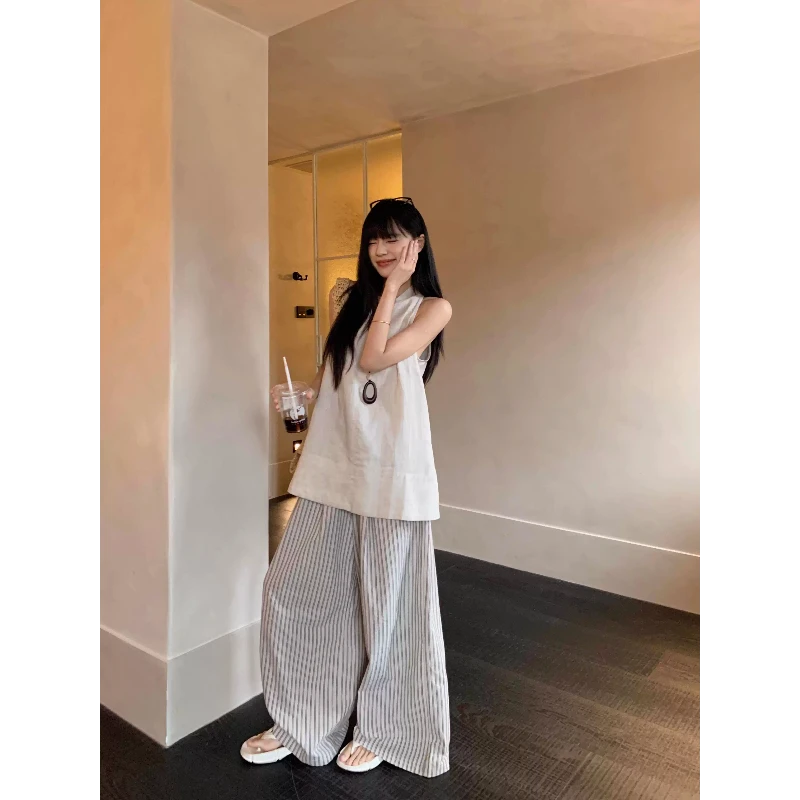 ins简约慵懒风睡衣女夏季2025年款大码条纹长裤套装家居服可外穿