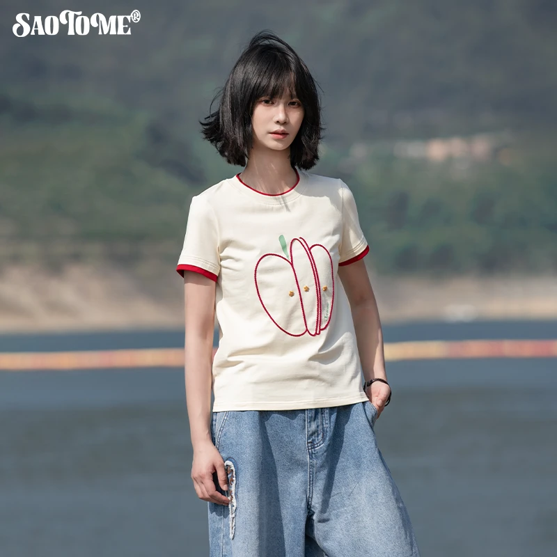 早乙女惠子「果蔬系列」saotome趣味绳绣印花撞色正肩T恤 2003