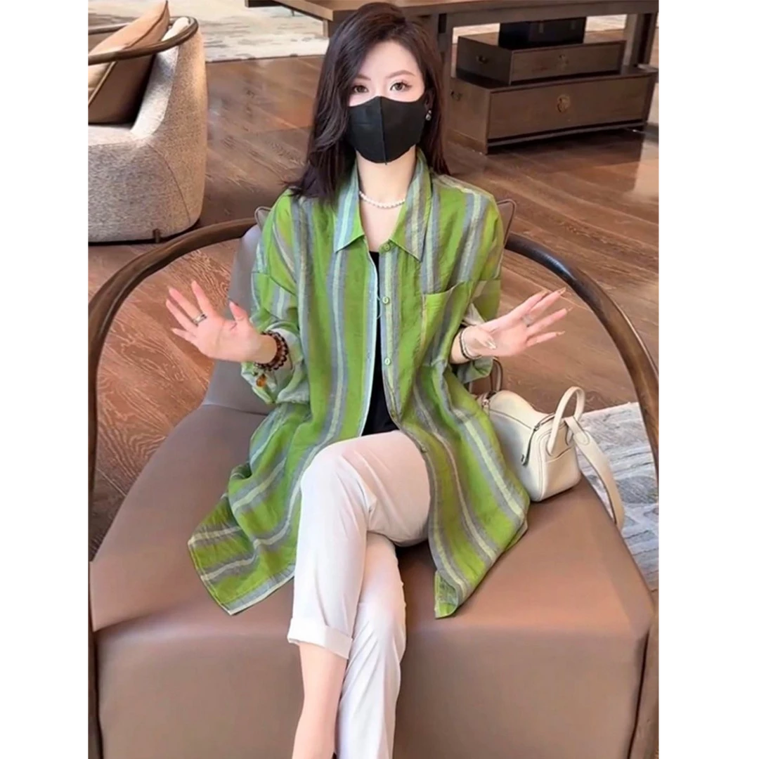 桑蚕丝韩版条纹衬衫2025夏季新款宽松遮肉时尚通勤气质防晒衣A385