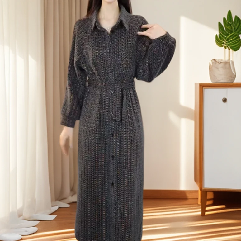 秋季新款时尚气质收腰显瘦修身减龄长袖女装大码连衣裙中长款