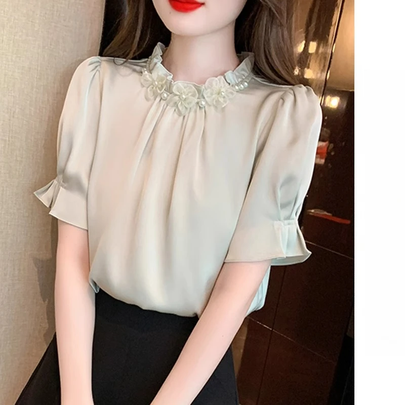 立领木耳边雪纺衬衫女短袖夏季2025新款拼接洋气小衫百搭显瘦上衣