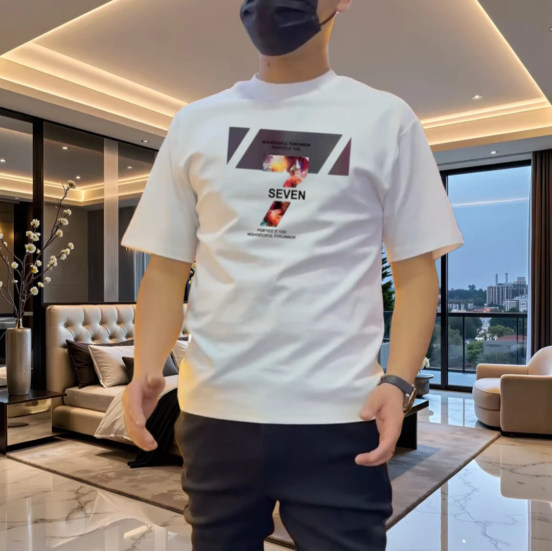新款重磅弹力短袖T恤男士短T休闲时尚半截袖圆领大码体恤潮流印花