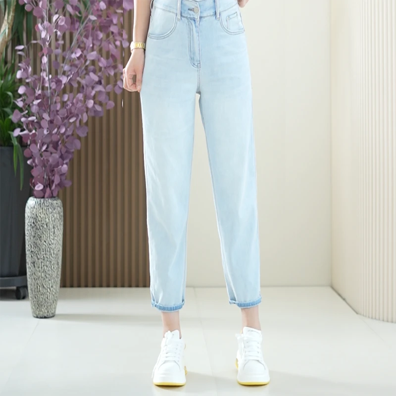 水洗九分软牛仔裤高弹力磨边做旧大码松紧腰时尚显瘦春季老爹裤女