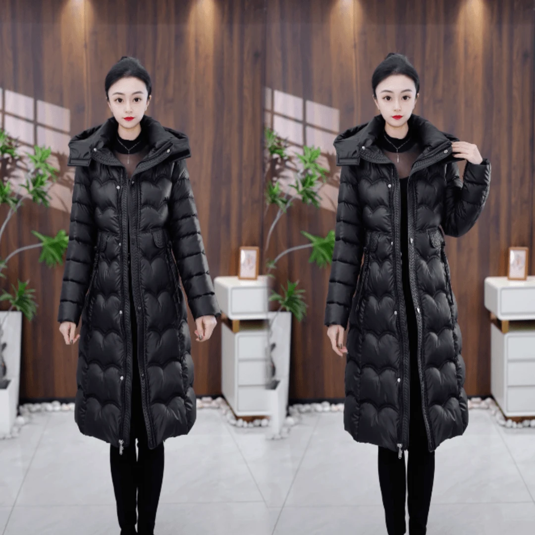 时尚高端黑色连帽棉服女中长款爆款冬季中年修身保暖加厚大衣外套