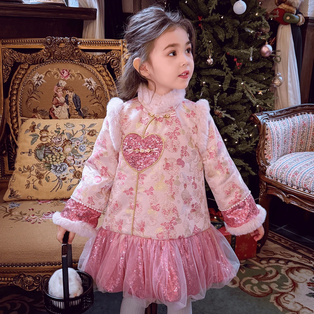 女童国风夹棉旗袍裙拜年服2026新款中大童女孩新中式公主风连衣裙