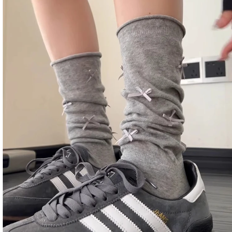 韩系小腿袜子女夏季薄款芭蕾风蝴蝶结中筒堆堆袜miu系配玛丽珍