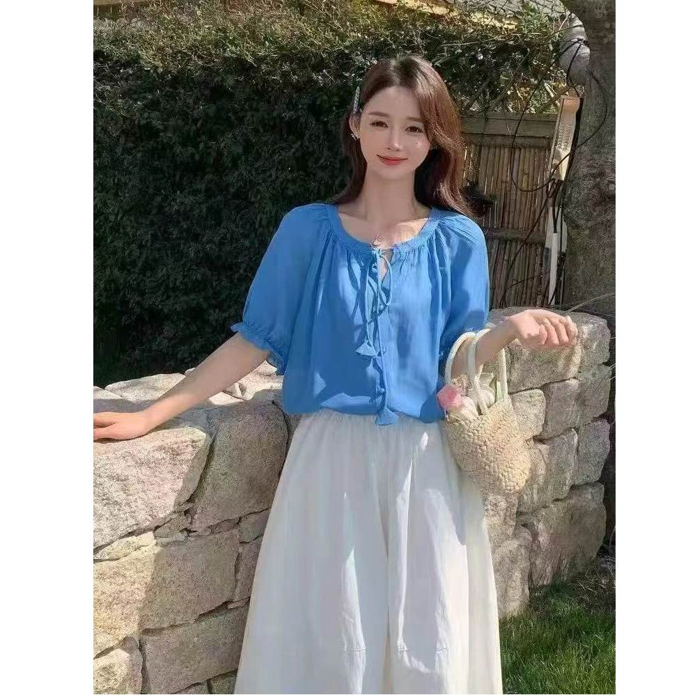 夏季韩系新款时尚圆领系带宽松气质设计感衬衫