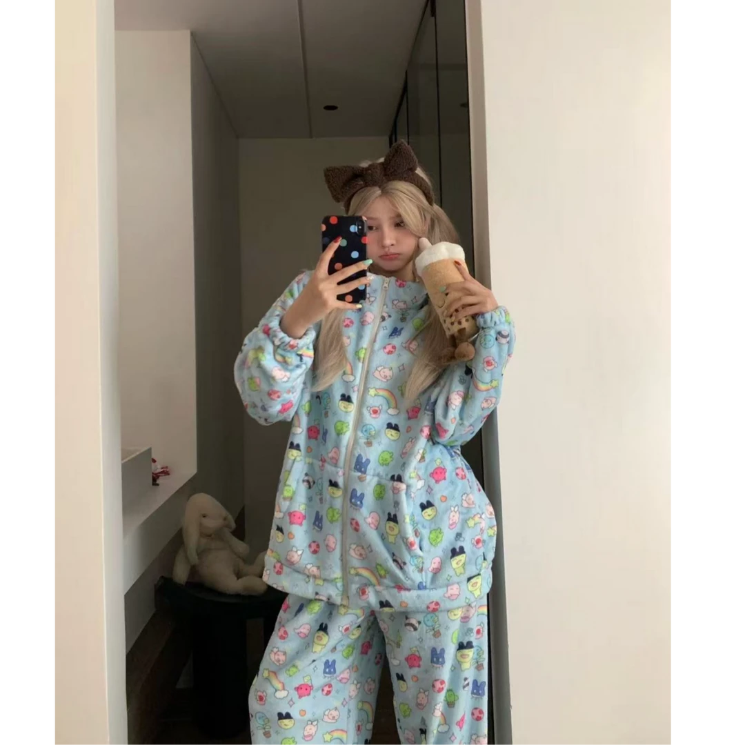 Rabow*彩虹拓麻歌子冬季法兰绒拉链睡衣可外穿家居服