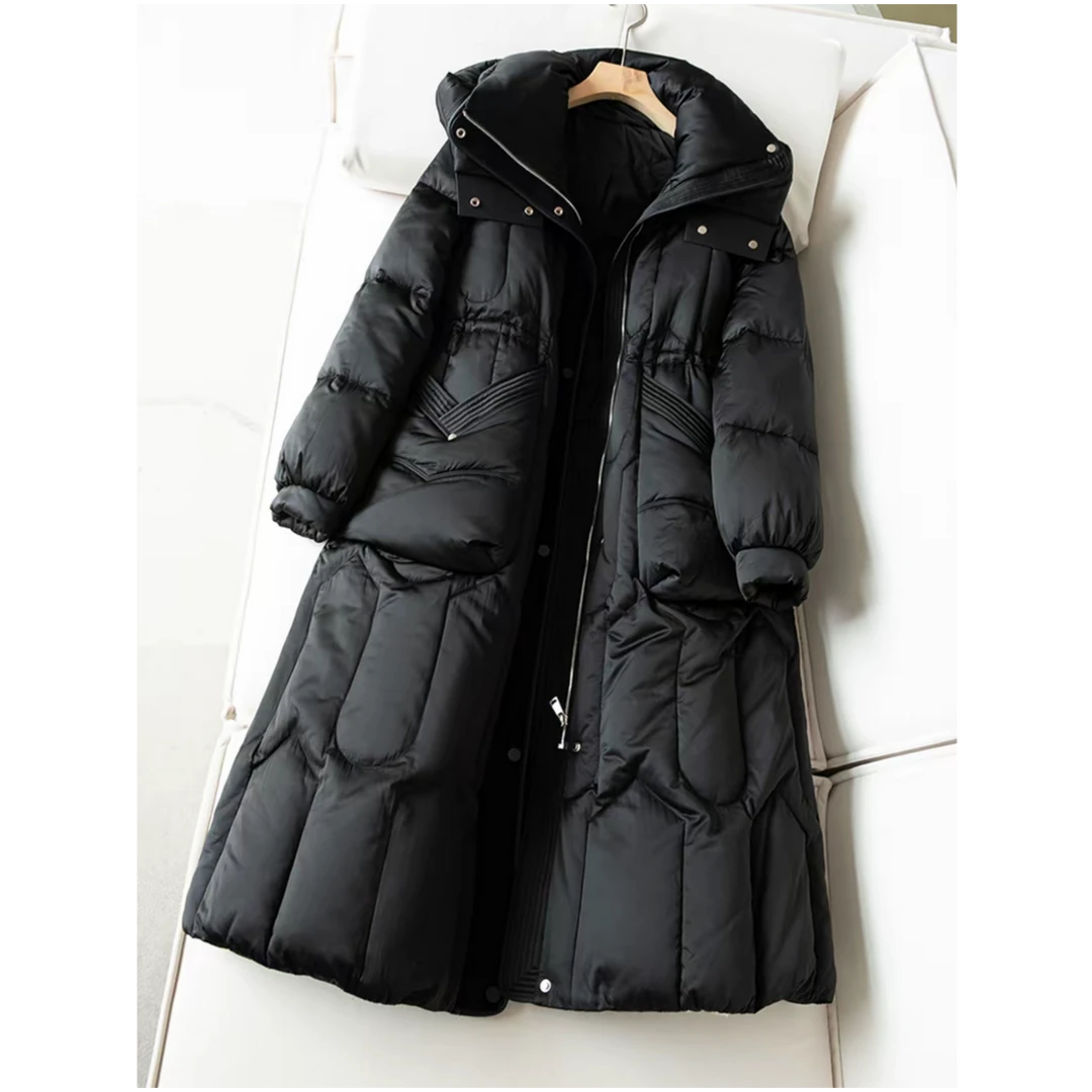 专柜品质YR159时尚厚款连帽大口袋简约纯色中长款保暖女式羽绒服