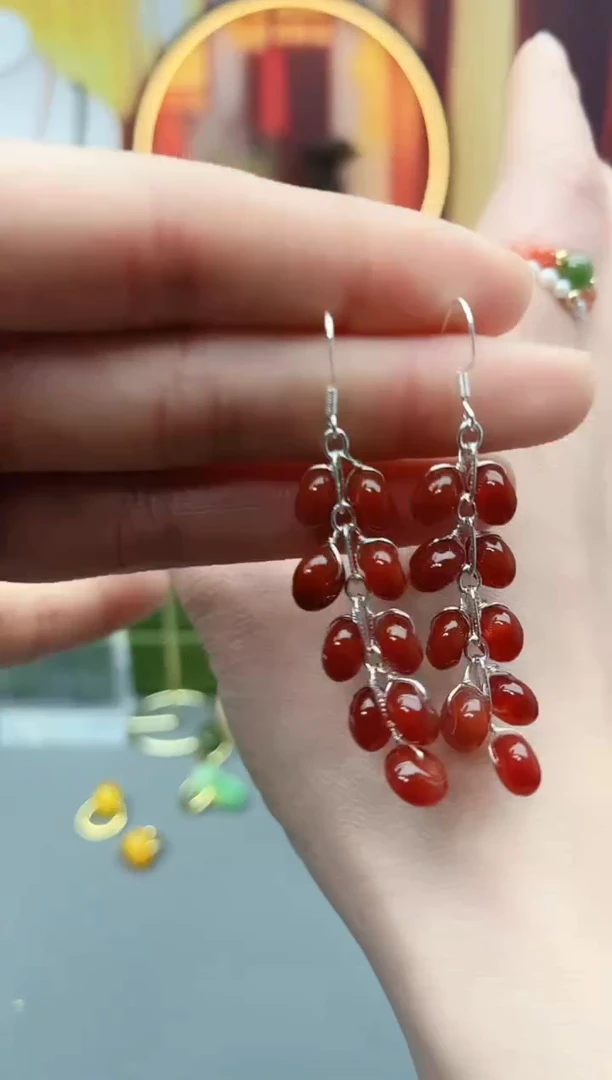 未镶嵌耳饰玛瑙/玉髓红流苏大