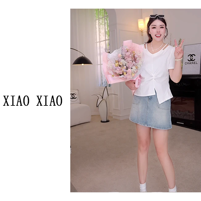 【XIAOXIAO】大码女装不规则夏季短袖显瘦2025新款v领宽松T恤XX3988