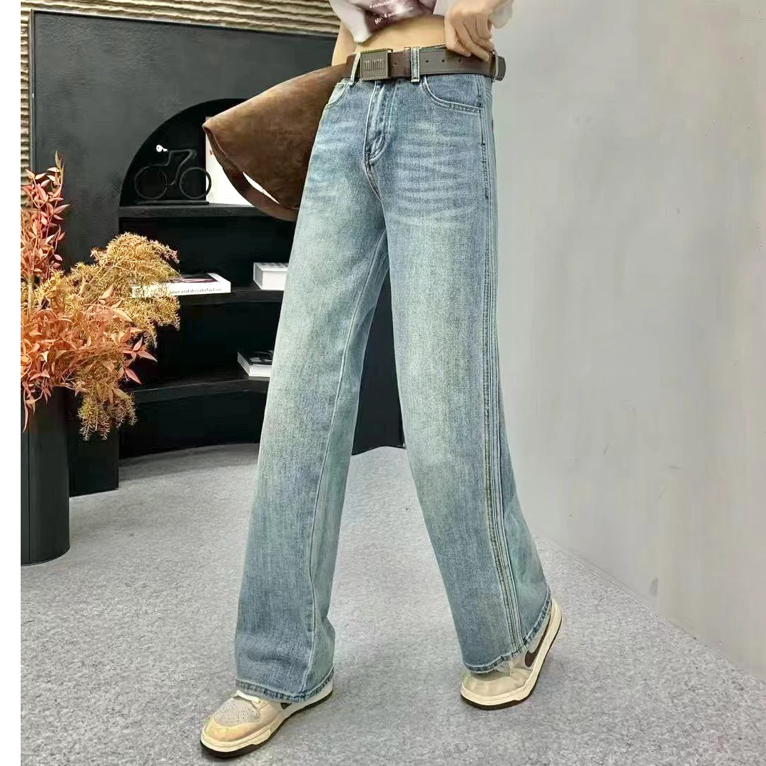 外单～侧拼接，加高腰窄版直筒裤牛仔裤，百搭，显瘦