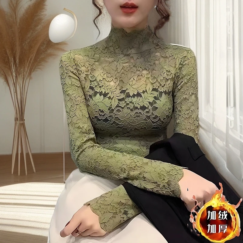 2025半高领蕾丝加绒打底衫女洋气小衫内搭镂空高档欧货蕾丝上衣