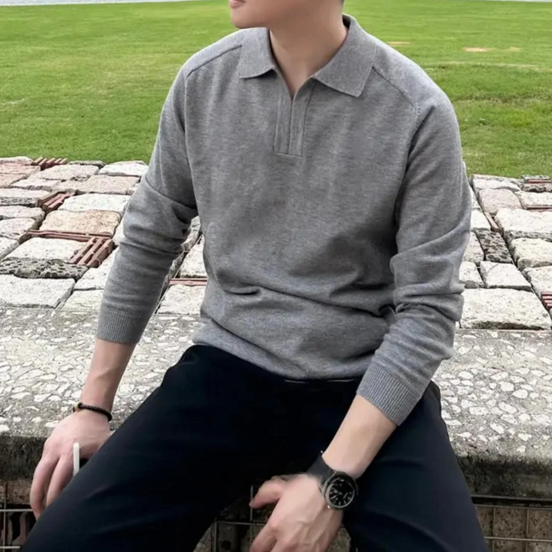 秋季系列/【老钱风海鸥领】松弛翻领开胸舒适POLO衫长袖针织衫1218