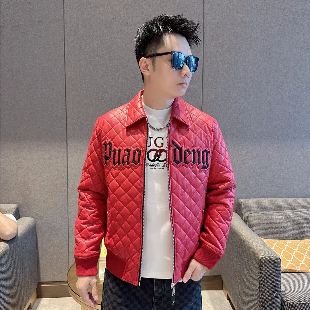 2025男士菱格纹短款收口袖秋冬皮夹克羽绒服休闲重工压花外套冬季