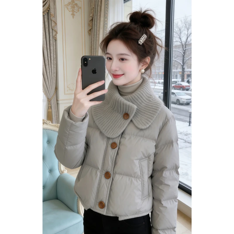 霖优【云朵抱枕】冬季网红新款简约气质保暖设计感针织领棉服外套女