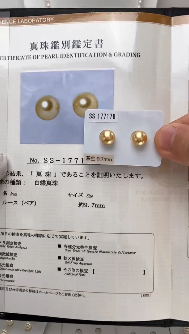 【闪购商品】海水珍珠耳饰18K金镶嵌9.7mm南洋金茶金真科研大证