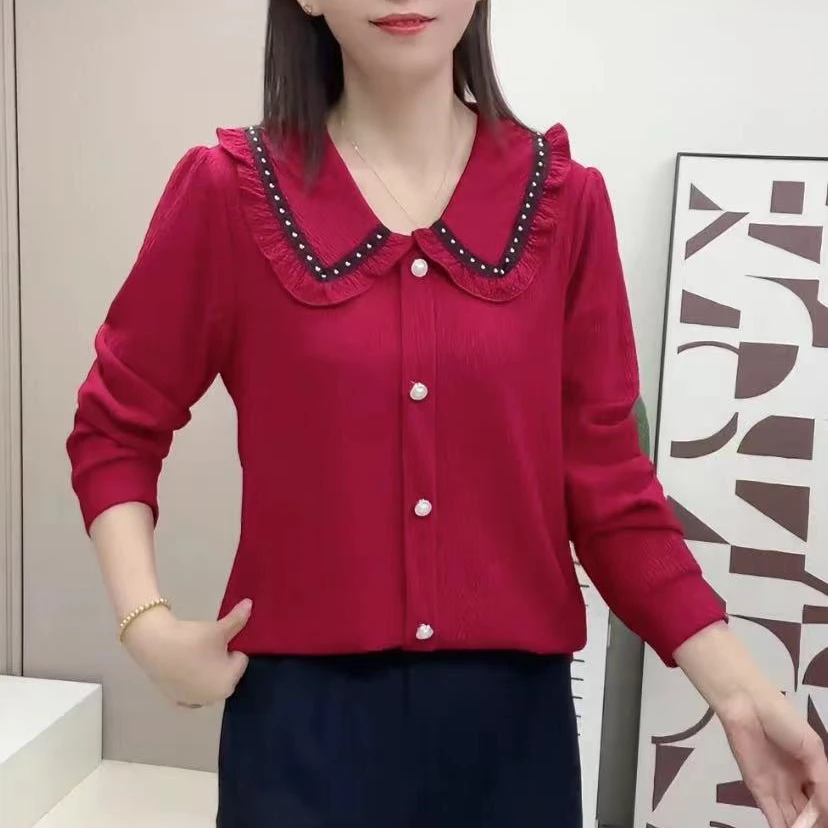 长袖上衣防晒极简风衬衫娃娃领小衫翻领女装衬衣气质洋气减龄红色