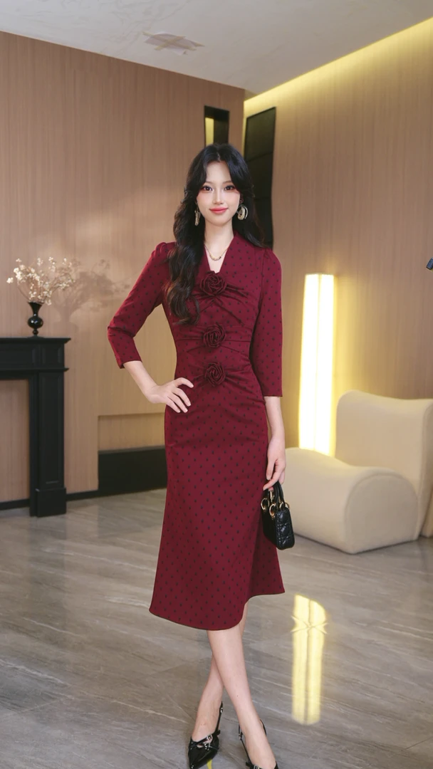 罗曼定制   原创设计法式长袖连衣裙设计款显瘦时尚气质复古红色