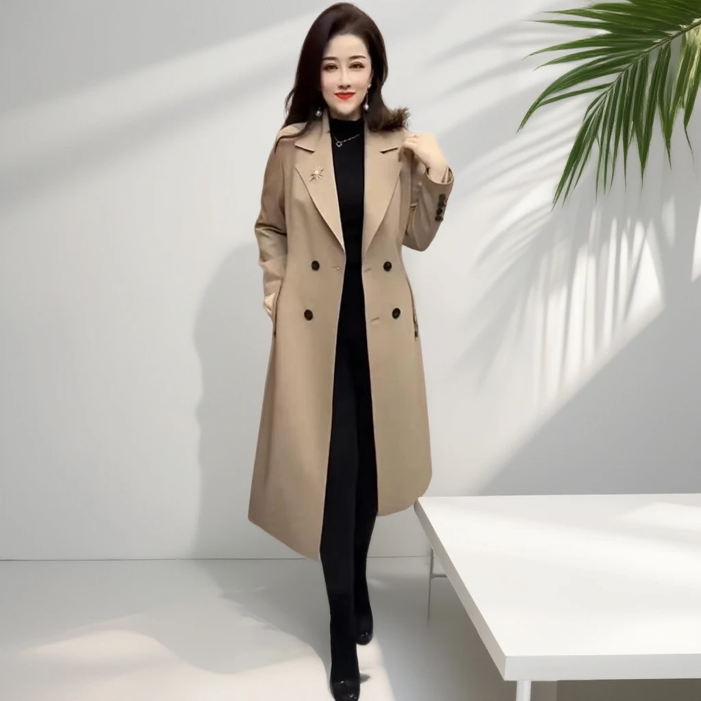 805卡其色中长款风衣外套女春秋新款韩版宽松过膝双排扣大衣潮