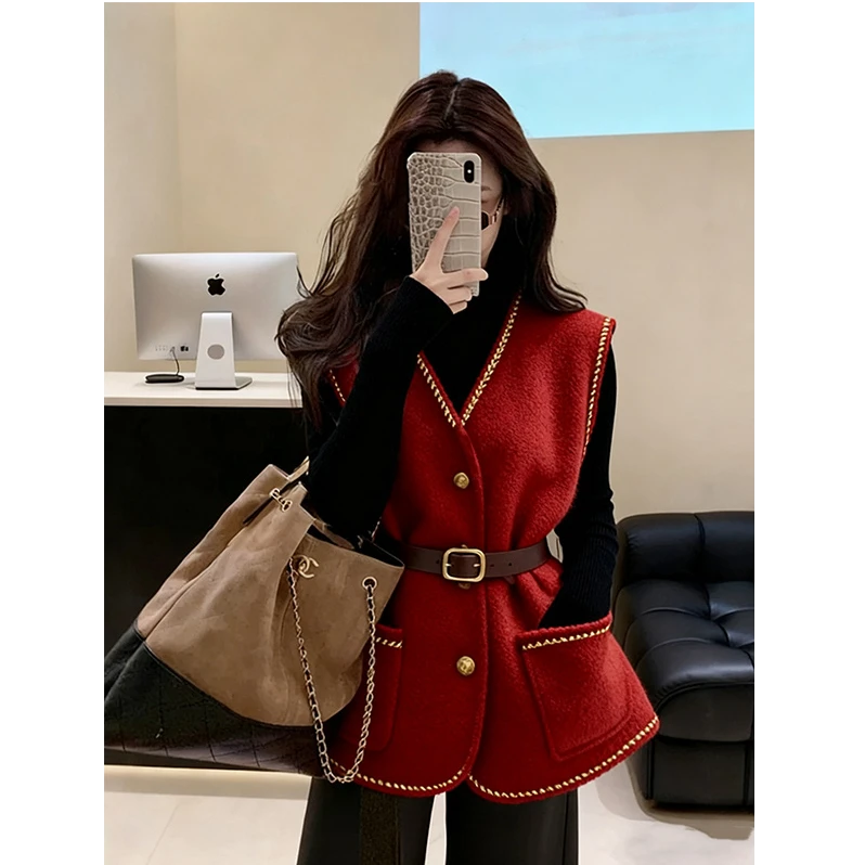 红色毛呢马甲2025新款今年流行爆款小香风新年气质收腰外套女秋冬