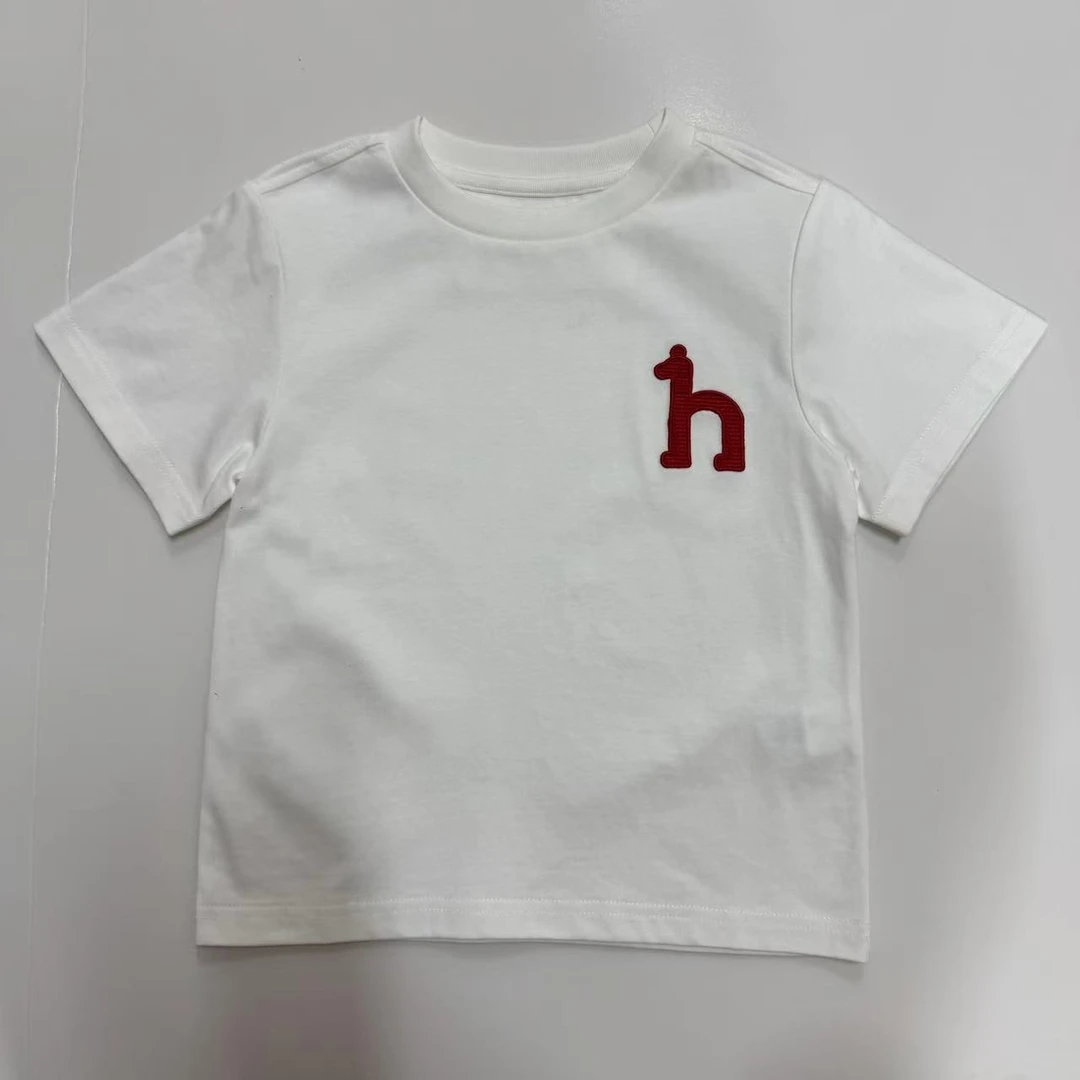 夏季女童洋气圆领纯色瓦片刺绣h标短袖T恤夏装宝宝儿童25001