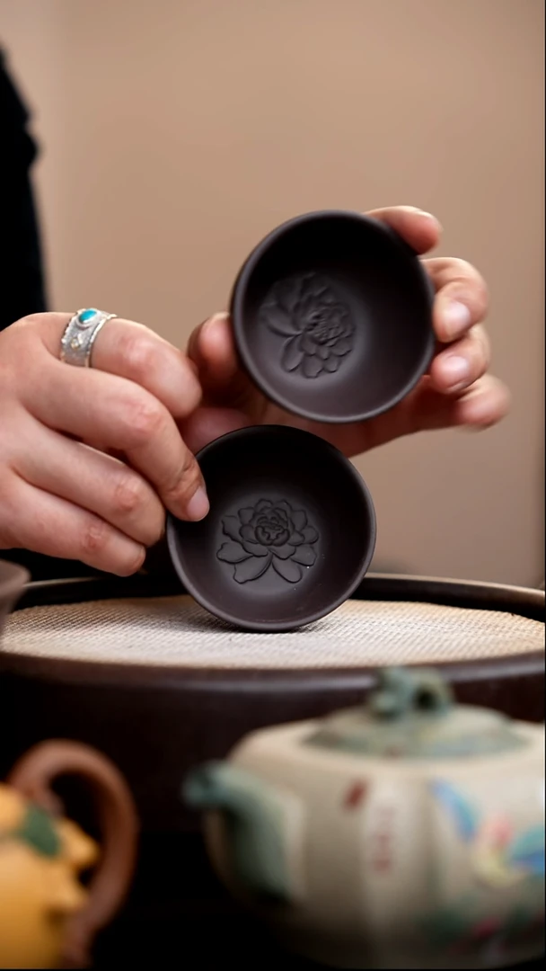 茶壶紫砂紫泥牡丹小杯2个