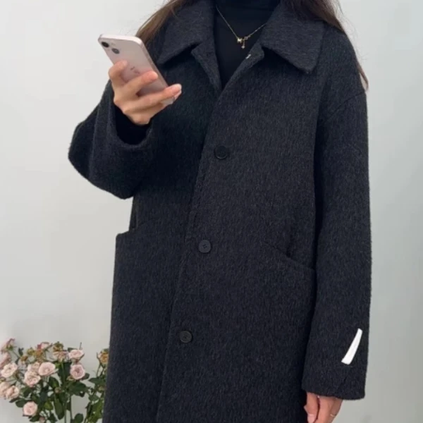 宽松韩版中长款秋冬双面羊毛大衣女士气质简约羊毛呢外套翻领