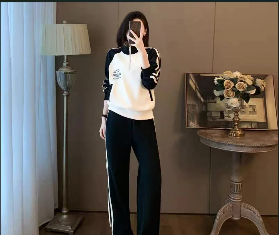 [丽丽专属]女士时尚休闲显瘦刺绣运动套装撞色长袖