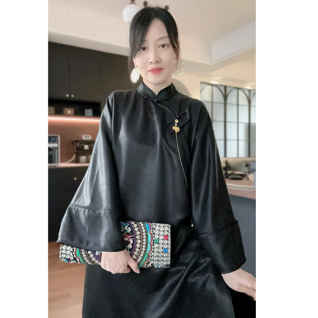 大苏苏中式美学【谷瑶】50姆米重缎香云纱素绉缎中长款太太服经典