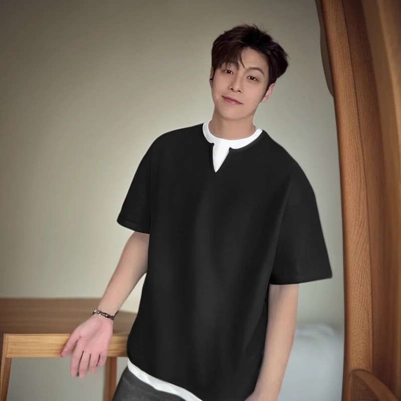 夏季男士休闲时尚圆领短袖波点青春活力V领T恤韩版假两件老钱风