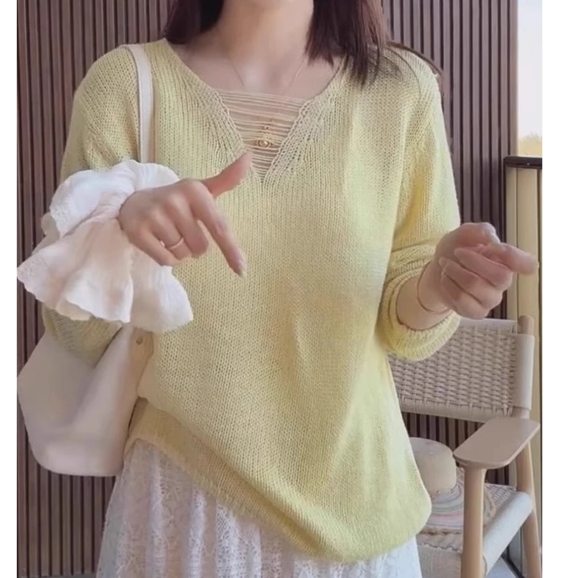 女款针织衫显瘦慵懒风长袖V领宽松2025新款流行百搭通勤上衣洋气