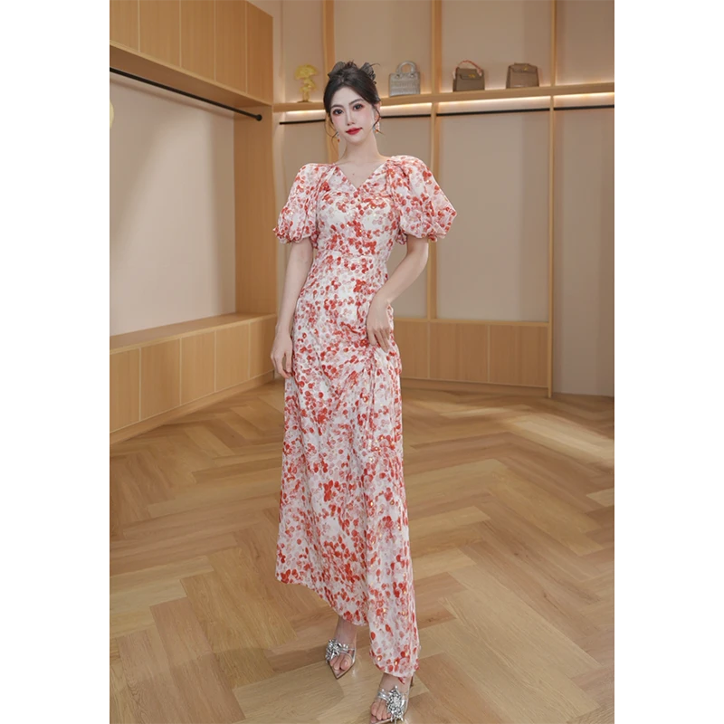 【琼仪定制】新款复古修身印花碎花显瘦气质开叉法式连衣裙30921