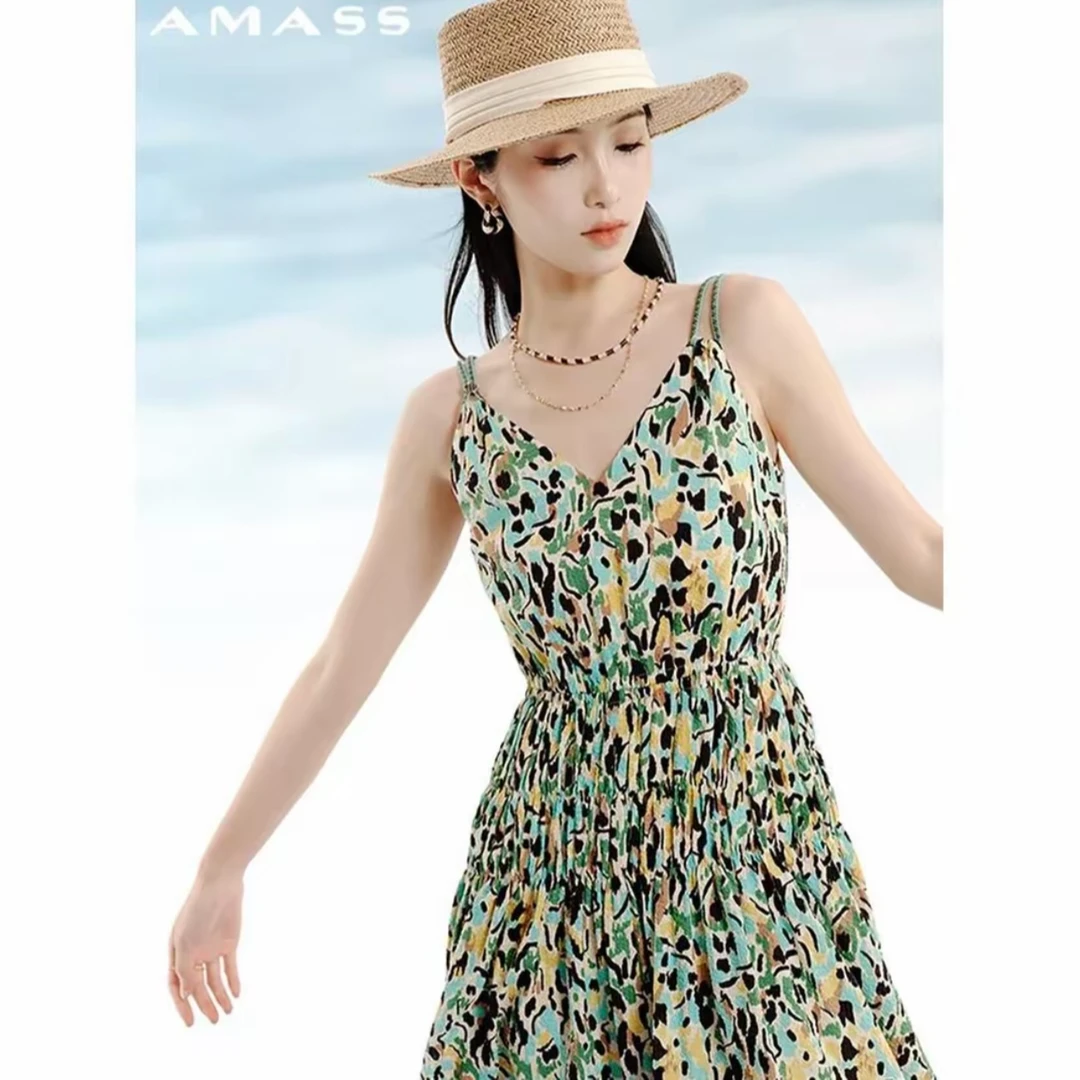 AMASS/阿玛施气质优雅时尚长款V领吊带连衣裙5500493