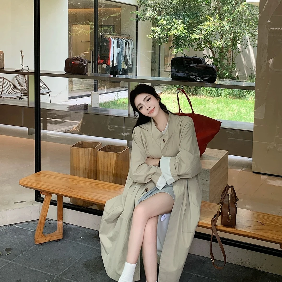 SONGCHI 松弛感仿皱感休闲秋季宽松型法式立领女长款风衣中长款