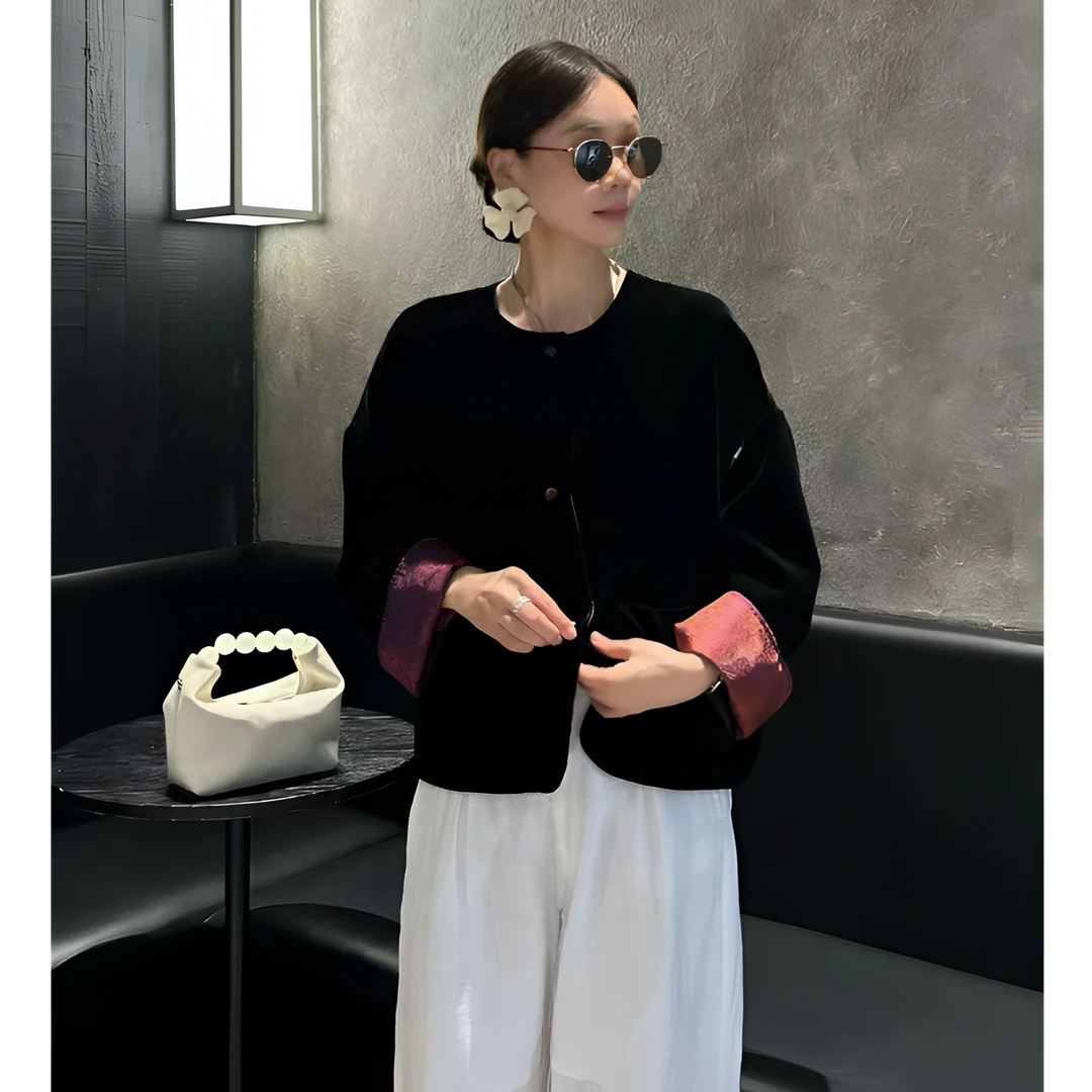 桑蚕丝正反两穿新中式外套秋季圆领长袖时尚百搭百搭老钱风女装