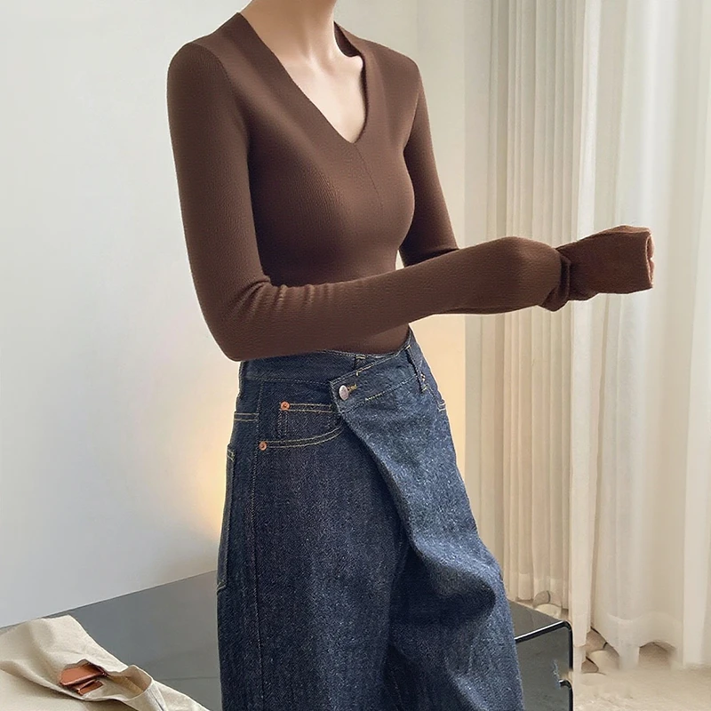 黑色V领打底衫女秋季高级感内搭长袖修身显瘦薄款螺纹衫上衣女装