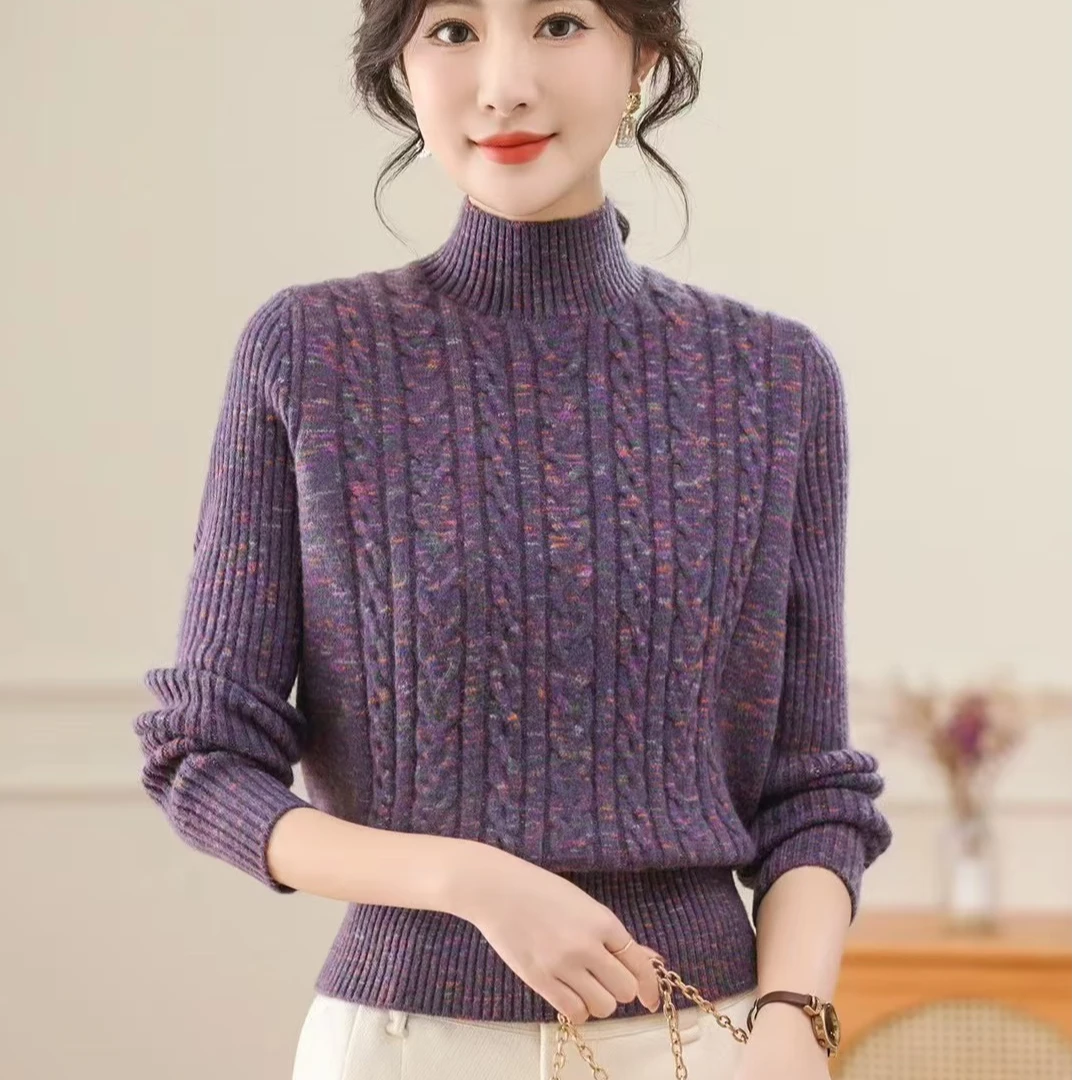 【夏萍服饰】女士冬季花纱加厚时尚百搭套头半高领毛衣针织打底衫