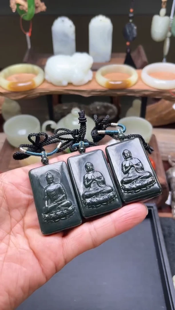 【闪购商品】和田玉吊坠未镶嵌青海黑青 阿弥陀佛牌 多样性发一