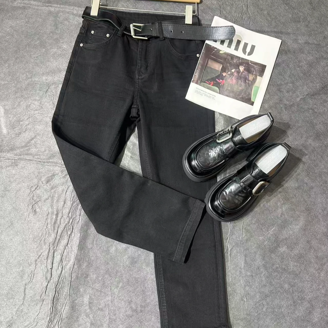 美丽家弹力春季九分烟管裤高腰显瘦