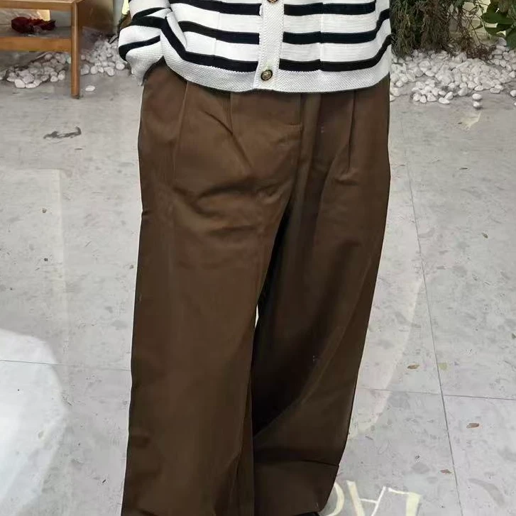 秋季立体剪裁水洗纯色中腰休闲裤拼接条纹阔腿裤NCKK539K32